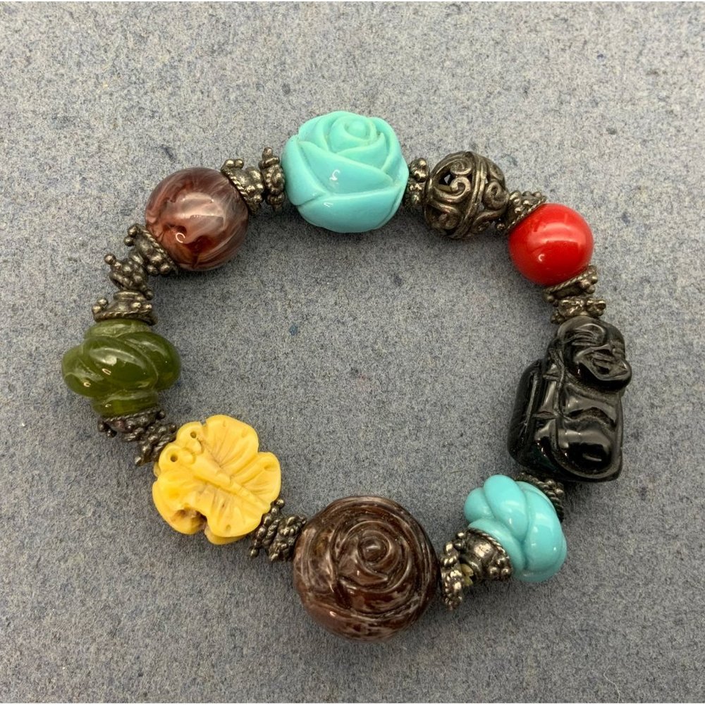Multicolor Buddha Flower Bracelet Stretch Yellow Blue Gunmetal Silver Black Red